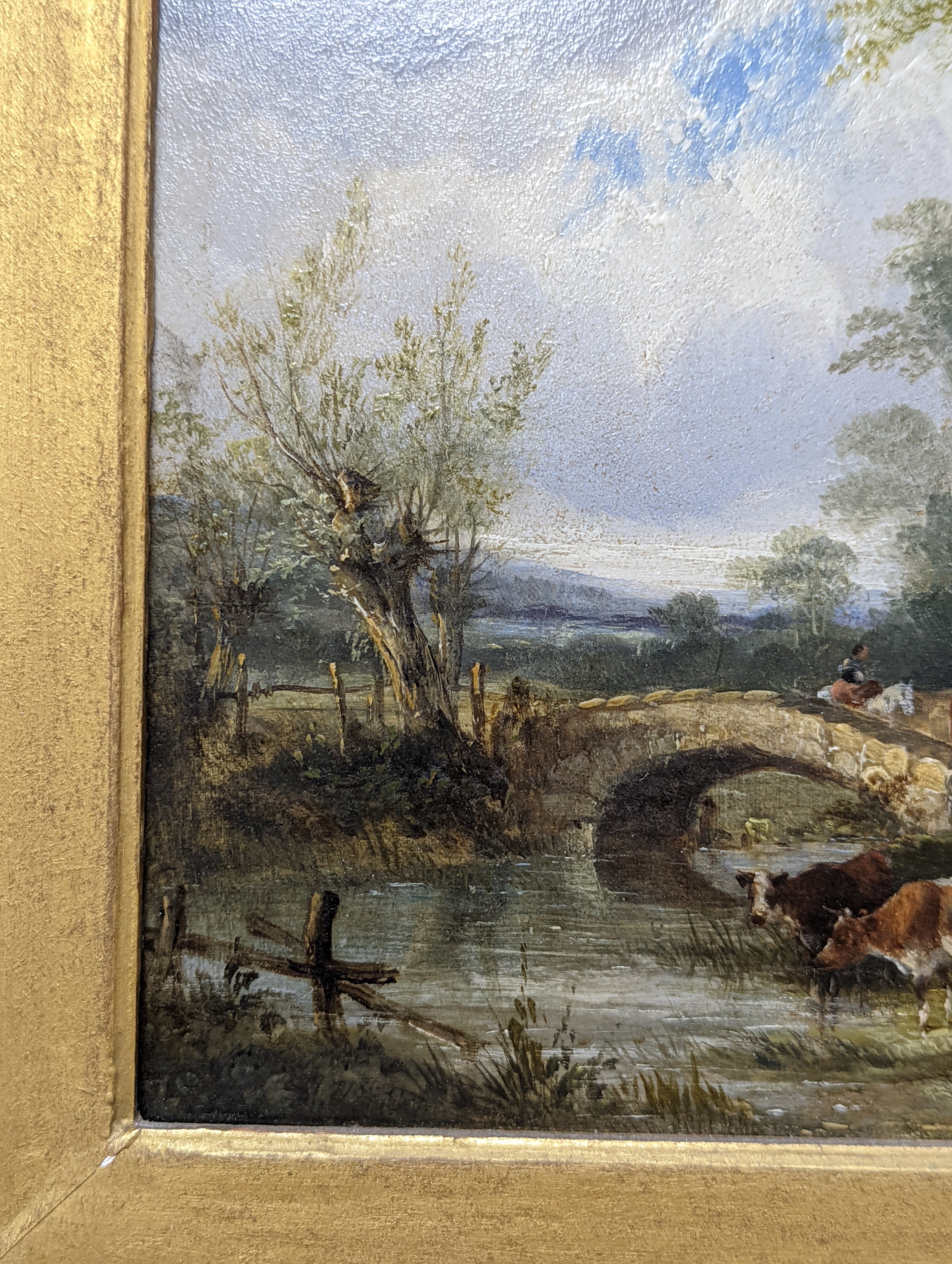 Three Victorian oils including William Shayer Senior, oil on canvas, horses watering, 19.5 x 26 cm; English school, oil on board, cows by a river, 16.5 x 24 cm and Oil on canvas Fisherman by a boat, 26 x 37 cm (3)